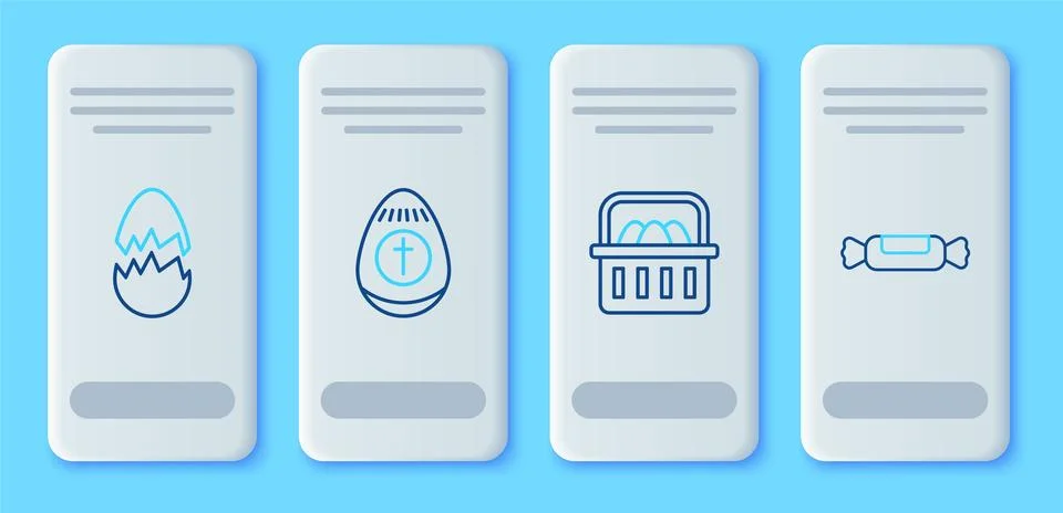 Set line Easter egg, Basket with easter eggs, Broken and Candy icon. Vector Stock Illustration