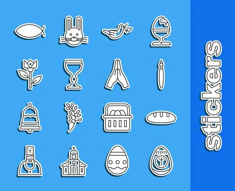 Set line Easter egg, Bread loaf, Paint brush, Peace dove with olive branch, Wine Stock Illustration