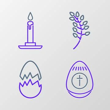 Set line Easter egg, Broken, Willow leaf and Burning candle in candlestick icon Illustrazione stock