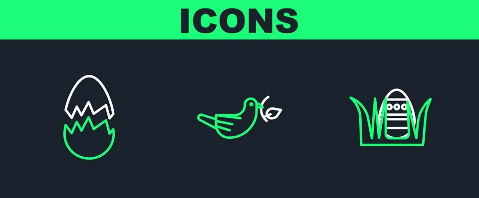 Set line Easter egg, Broken and Peace dove with olive branch icon. Vector Stock Illustration