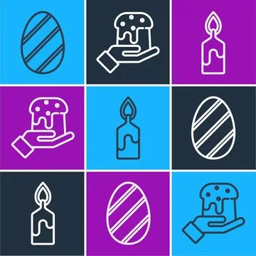 Set line Easter egg, Burning candle and Human hand and easter cake icon. Vector Illustrazione stock