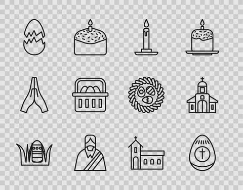 Set line Easter egg, Burning candle in candlestick, Jesus Christ, Broken, Basket イラスト素材