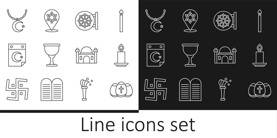 Set line Easter egg, Burning candle, Dharma wheel, Holy grail or chalice, Star Stock Illustration