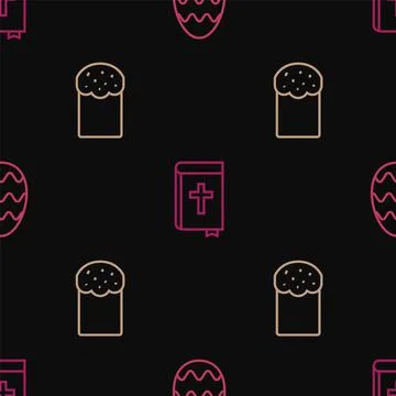 Set line Easter egg, cake and Holy bible book on seamless pattern. Vector Stock Illustration