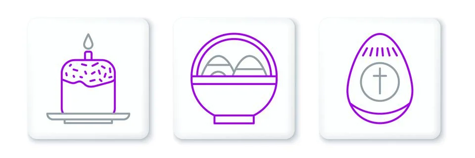 Set line Easter egg, cake and candle and Basket with easter eggs icon. Vector Illustrazione stock