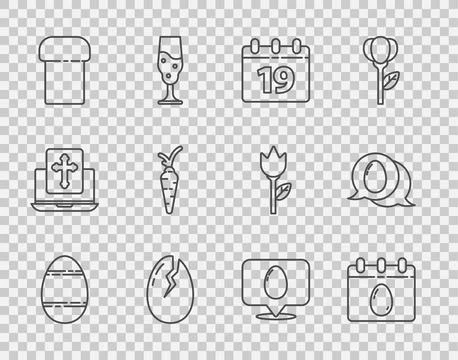Set line Easter egg, Calendar with, Happy, Broken, cake, Carrot, Speech bub.. Illustrazione stock