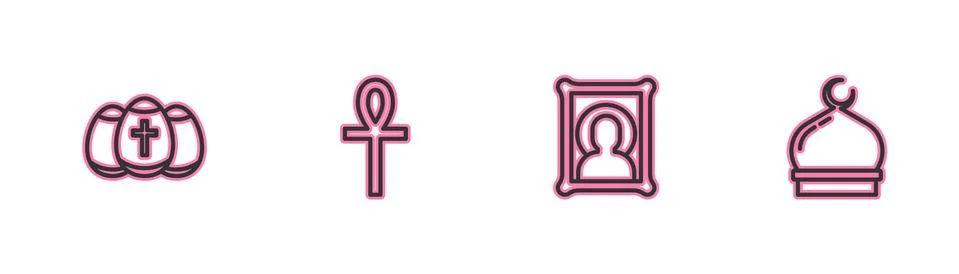 Set line Easter egg, Christian icon, Cross ankh and Muslim Mosque icon. Vector 스톡 일러스트