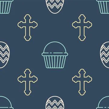 Set line Easter egg, Christian cross and Easter cake on seamless pattern. Vector 스톡 일러스트