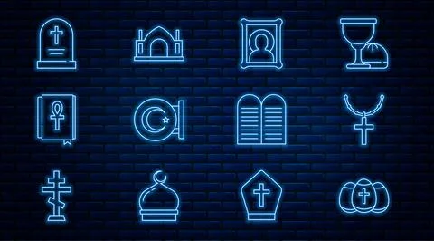 Set line Easter egg, Christian cross on chain, icon, Star and crescent, Cross Stock Illustration