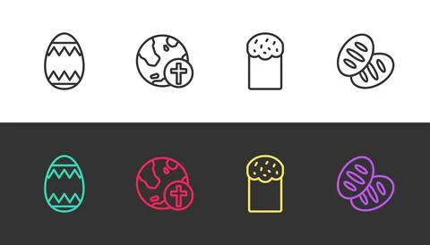 Set line Easter egg, Christian cross with globe, cake and bread on black and Stock Illustration