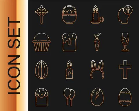 Set line Easter egg, Christian cross, Wine glass, Burning candle candlestick Stock Illustration
