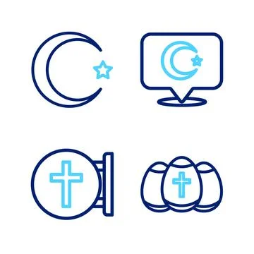 Set line Easter egg, Christian cross, Star and crescent and icon. Vector イラスト素材