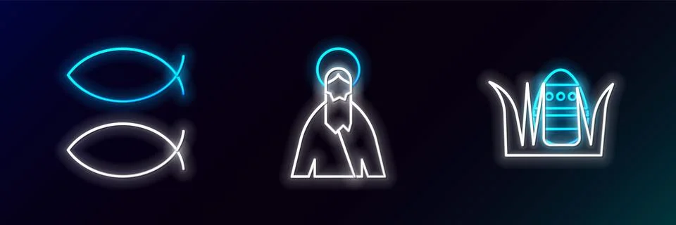 Set line Easter egg, Christian fish and Jesus icon. Glowing neon. Vector 스톡 일러스트