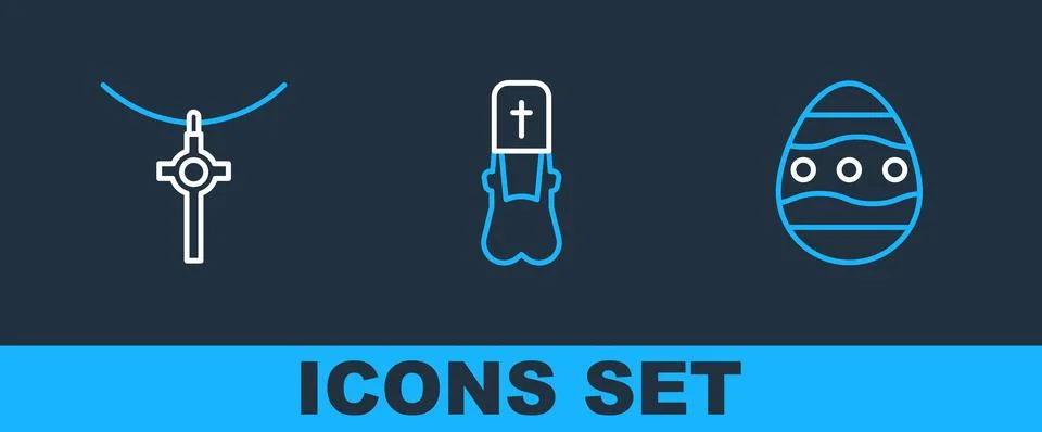 Set line Easter egg, Christian cross on chain and Priest icon. Vector Illustrazione stock