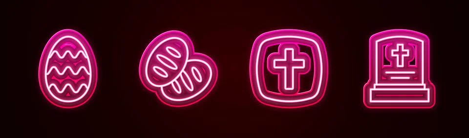 Set line Easter egg, Christian bread, cross and Grave with tombstone. Glowi.. Stock Illustration