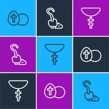 Set line Easter egg, Christian cross on chain and Magic staff icon. Vector イラスト素材