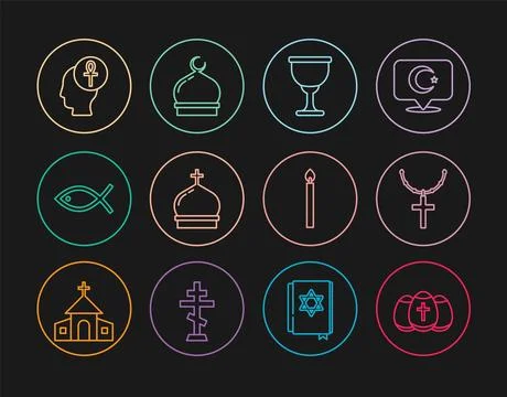 Set line Easter egg, Christian cross on chain, Holy grail or chalice, Churc.. Stock Illustration