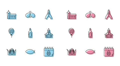 Set line Easter egg, Christian fish, Church building, Calendar with, Bottle.. Stock Illustration