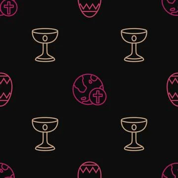 Set line Easter egg, Christian chalice and cross with globe on seamless pat.. 库存插图