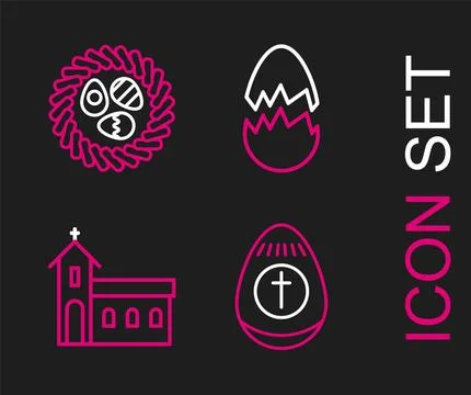 Set line Easter egg, Church building, Broken and wicker nest icon. Vector Stock Illustration