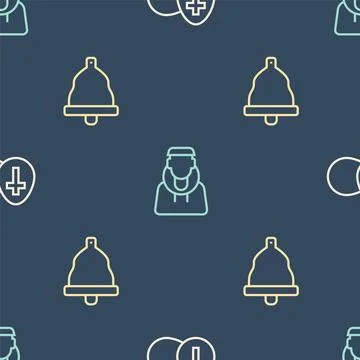 Set line Easter egg, Church bell and Monk on seamless pattern. Vector 스톡 일러스트