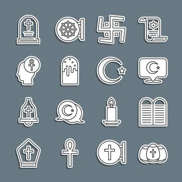 Set line Easter egg, The commandments, Star crescent, Hindu swastika, cake,.. Stock Illustration