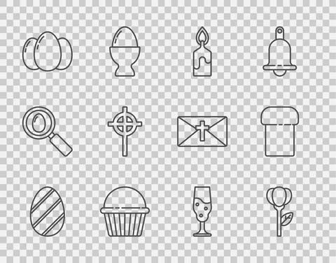 Set line Easter egg, Flower tulip, Burning candle, cake, eggs, Christian cross 스톡 일러스트