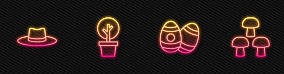 Set line Easter egg, Gardener worker hat, Forest and Mushroom. Glowing neon icon Stock Illustration
