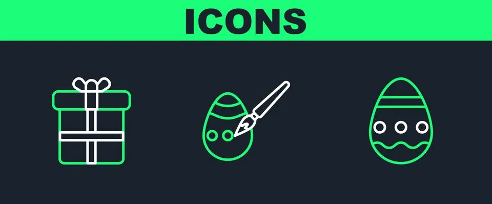Set line Easter egg, Gift box and and paint brush icon. Vector Stock Illustration