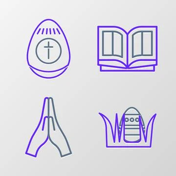 Set line Easter egg, Hands in praying position, Holy bible book and icon. Vector Stock Illustration