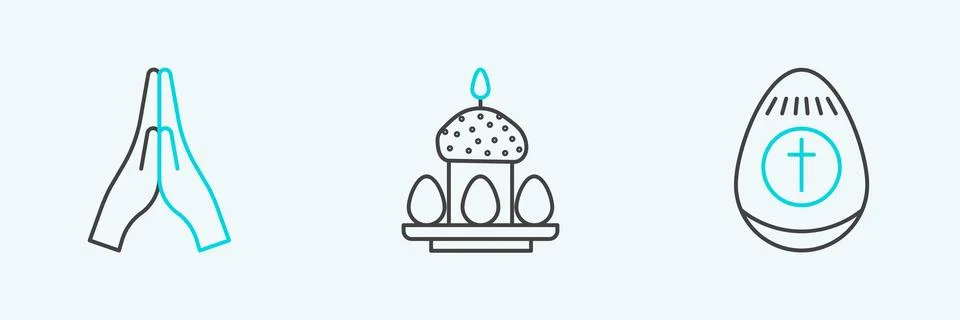 Set line Easter egg, Hands in praying position and cake eggs icon. Vector Stock Illustration