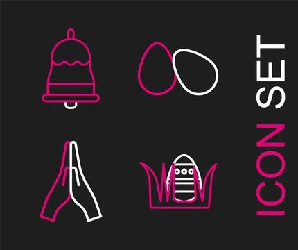 Set line Easter egg, Hands in praying position, eggs and Ringing bell icon... 스톡 일러스트