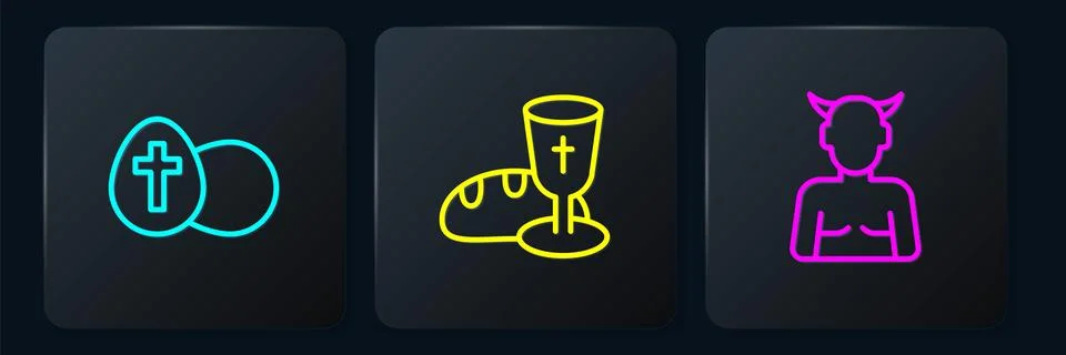 Set line Easter egg, Krampus, heck and Goblet and bread. Black square button Stock Illustration