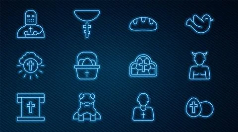 Set line Easter egg, Krampus, heck, Bread loaf, Basket with easter eggs Stock Illustration