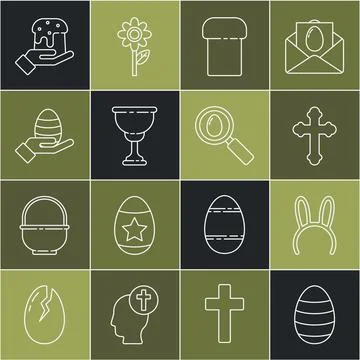 Set line Easter egg, Mask with long bunny ears, Christian cross, cake, chal.. Illustrazione stock