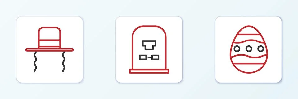 Set line Easter egg, Orthodox jewish hat with sidelocks and Tombstone RIP wri Stock Illustration