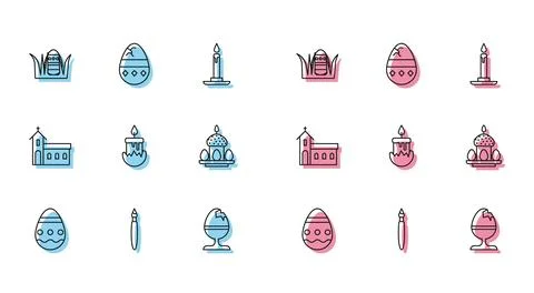 Set line Easter egg, Paint brush, Chicken on stand, Burning candle, cake eg.. 스톡 일러스트