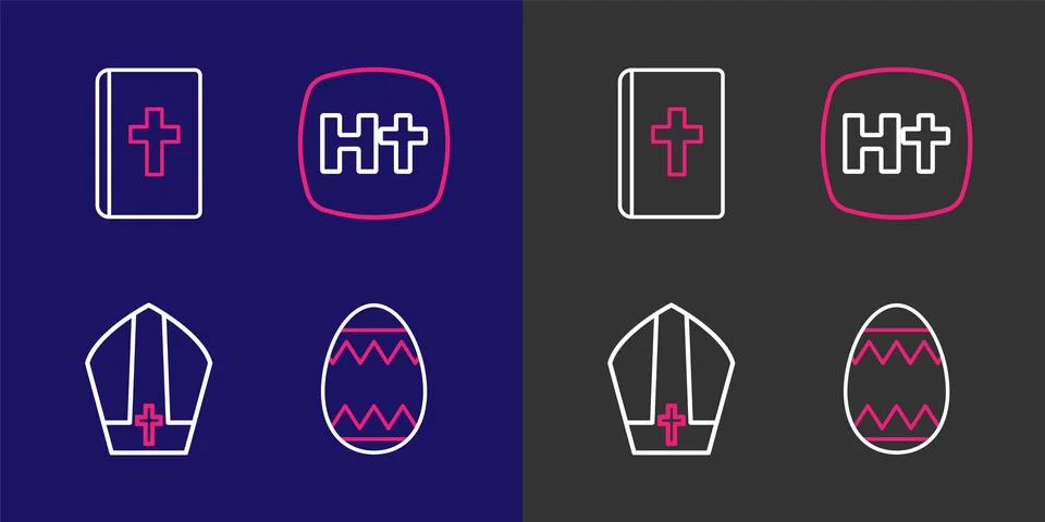Set line Easter egg, Pope hat, Christian cross and Holy bible book icon. Vect Stock Illustration
