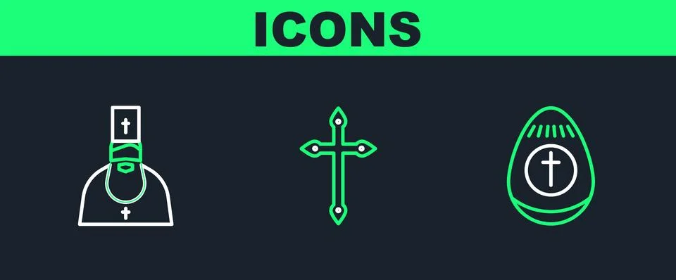 Set line Easter egg, Priest and Christian cross icon. Vector Stock Illustration