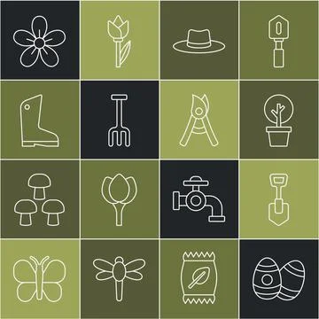 Set line Easter egg, Shovel, Forest, Gardener worker hat, rake, Rubber gloves Stock Illustration