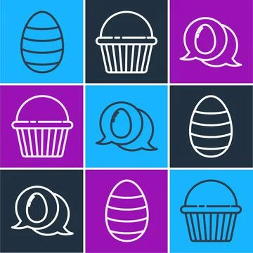 Set line Easter egg, Speech bubble with easter egg and Easter cake icon. Vector Illustrazione stock