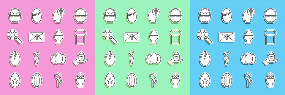 Set line Easter egg on a stand, Human hand easter, cake, head with christian Stock Illustration