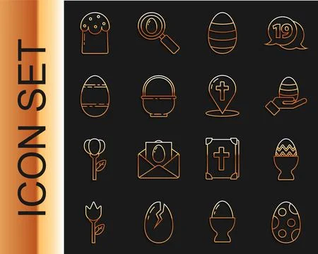 Set line Easter egg, on stand, Human hand easter, Basket, cake and Map pointer Illustrazione stock