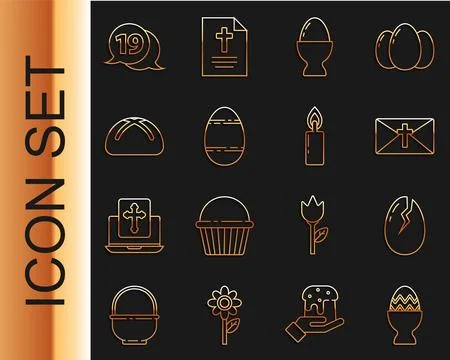 Set line Easter egg on a stand, Broken, Greeting card with Happy, cake, Speech Illustrazione stock