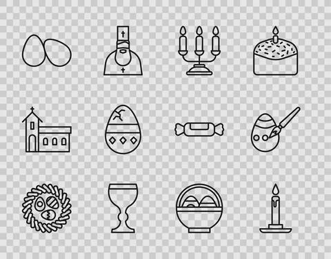 Set line Easter egg in a wicker nest, Burning candle candlestick, Candelabrum Stock Illustration