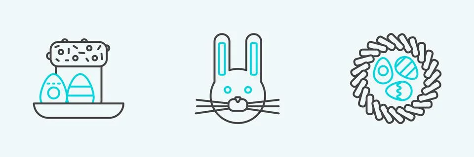Set line Easter egg in a wicker nest, cake and eggs and rabbit icon. Vector 스톡 일러스트