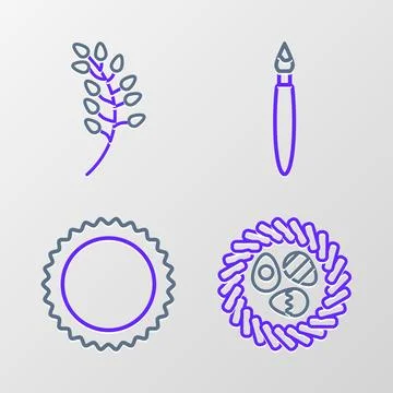 Set line Easter egg in a wicker nest, Sun, Paint brush and Willow leaf icon Stock Illustration
