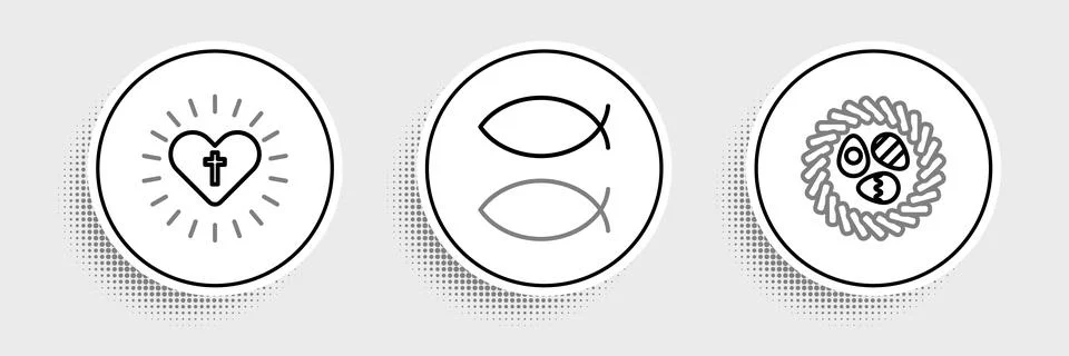 Set line Easter egg in a wicker nest, Christian cross and heart and fish icon 스톡 일러스트
