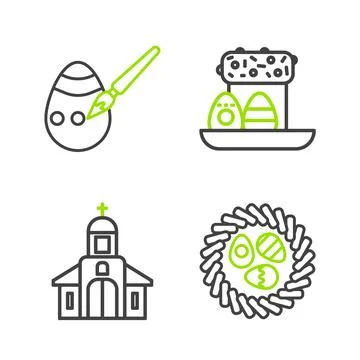 Set line Easter egg in a wicker nest, Church building, cake and eggs and paint 스톡 일러스트