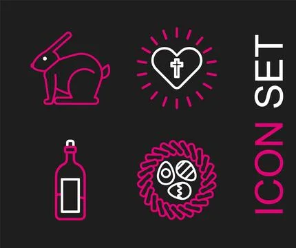 Set line Easter egg in a wicker nest, Bottle of wine, Christian cross and h.. Stock Illustration